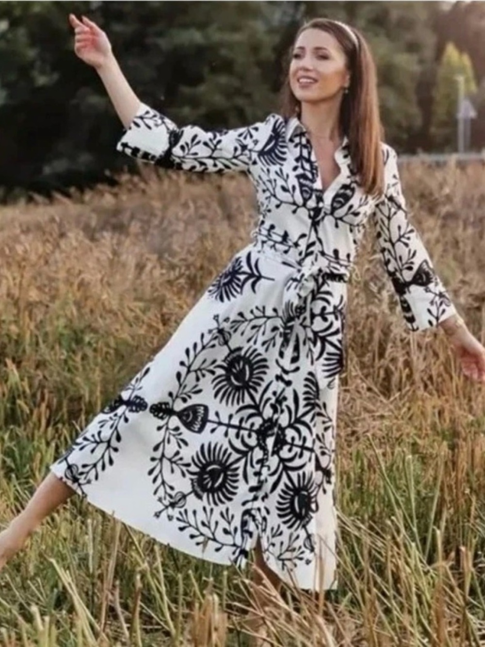 ZARA Black and White Floral Shirt Dress